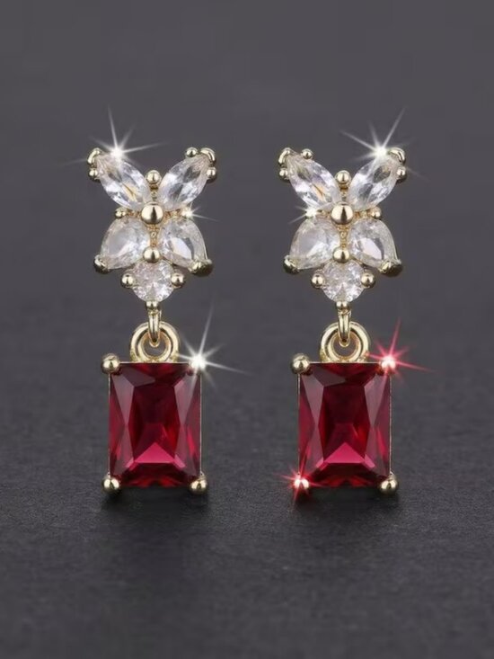 14K Gold Hanging Drop 2ct Red Ruby Gemstone 1ct Diamond Earrings Ladies Jewelry main image 0